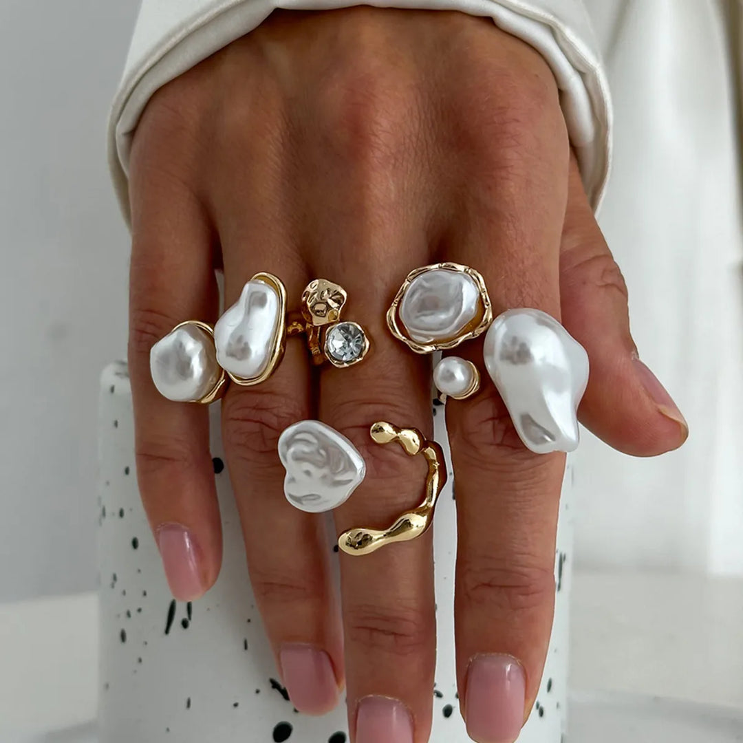 Women's gold-tone open pearl ring with oval white faux pearl and small crystal
