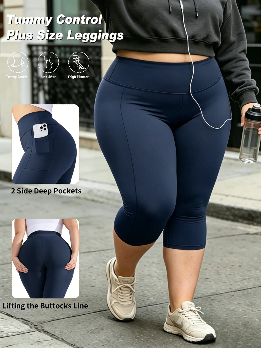 High-waist plus-size capri leggings with side pockets, dark navy