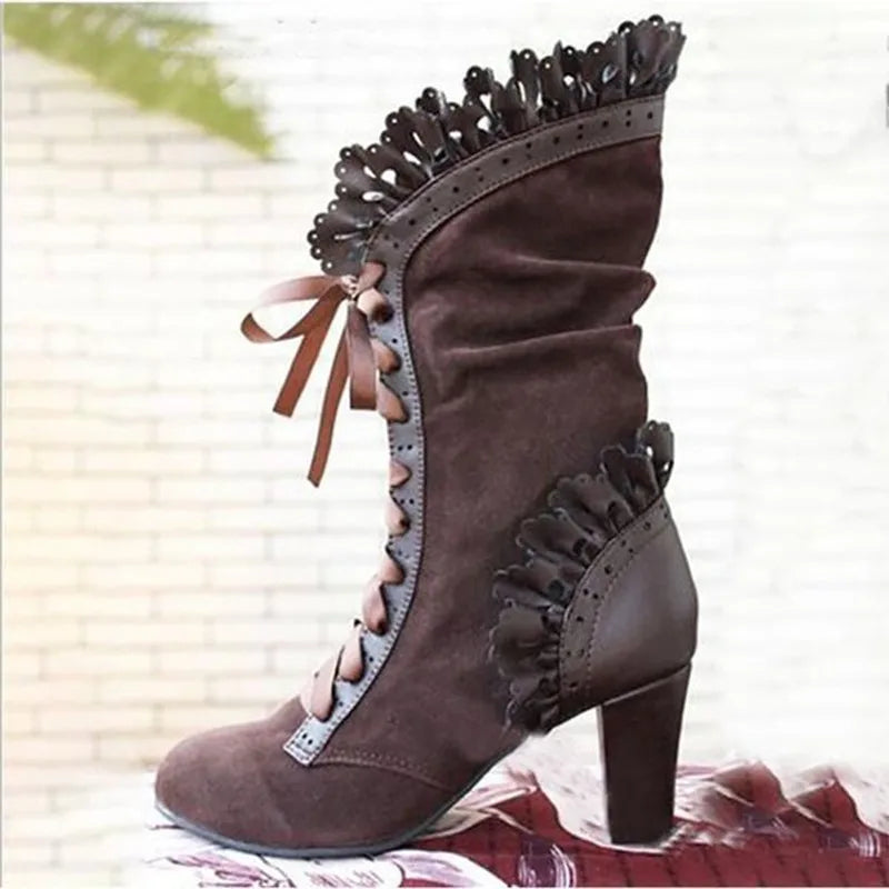 Brown mid-calf lace-up high-heel boots with ruffled trim and bow lace accents