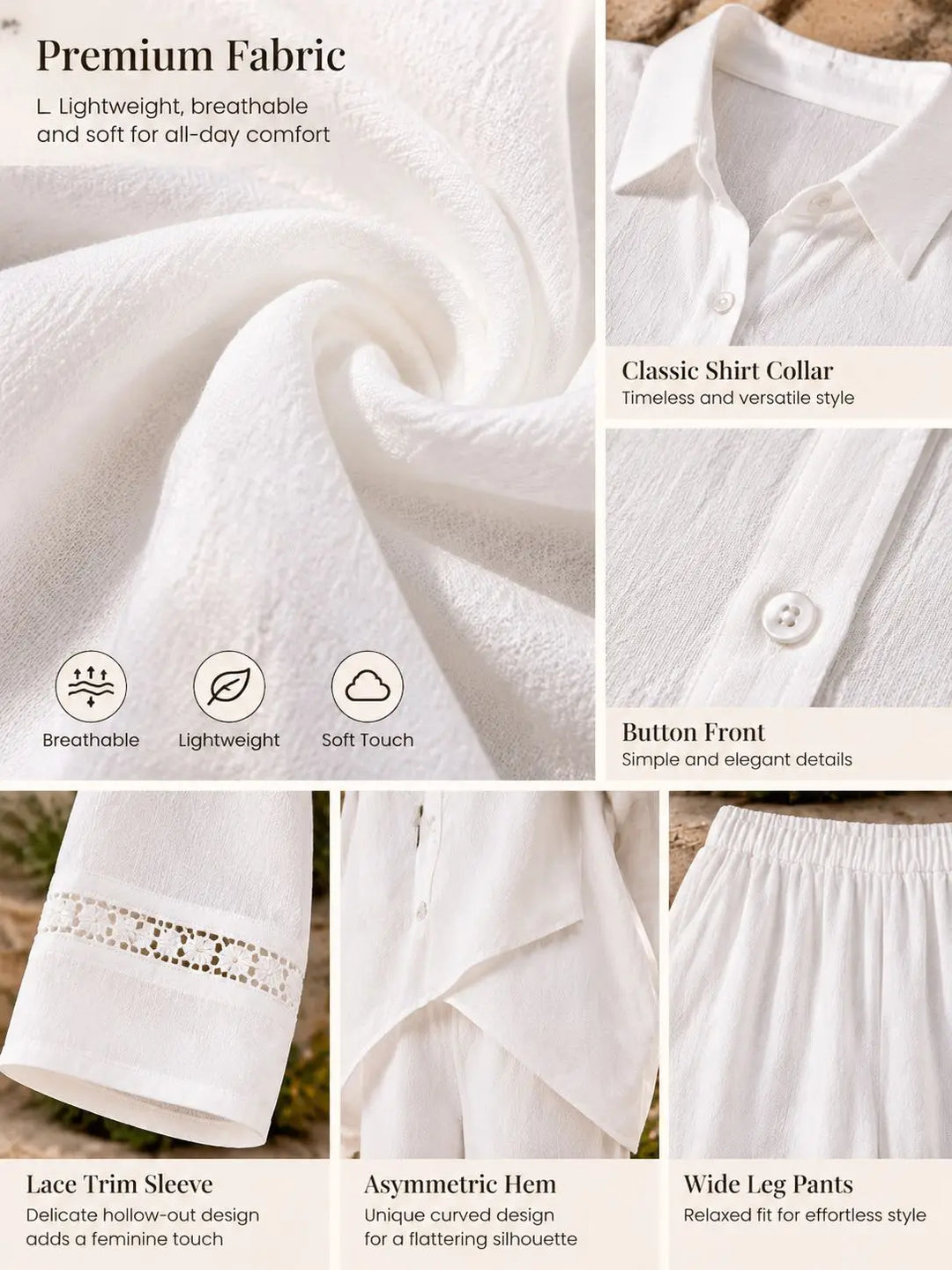 Ivory pant set fabric and details: button-front shirt, lace-trim sleeve, curved hem and wide-leg pants