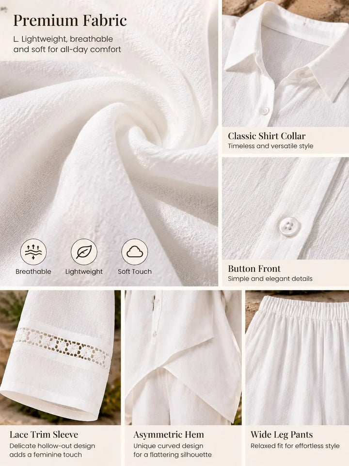Ivory pant set fabric and details: button-front shirt, lace-trim sleeve, curved hem and wide-leg pants