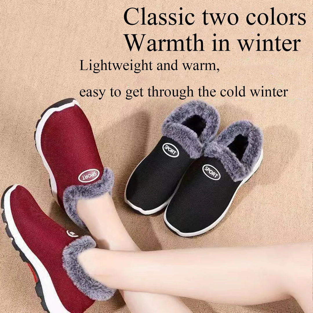 Women’s two-tone set: red and black slip-on plush sneakers with gray fuzzy trim