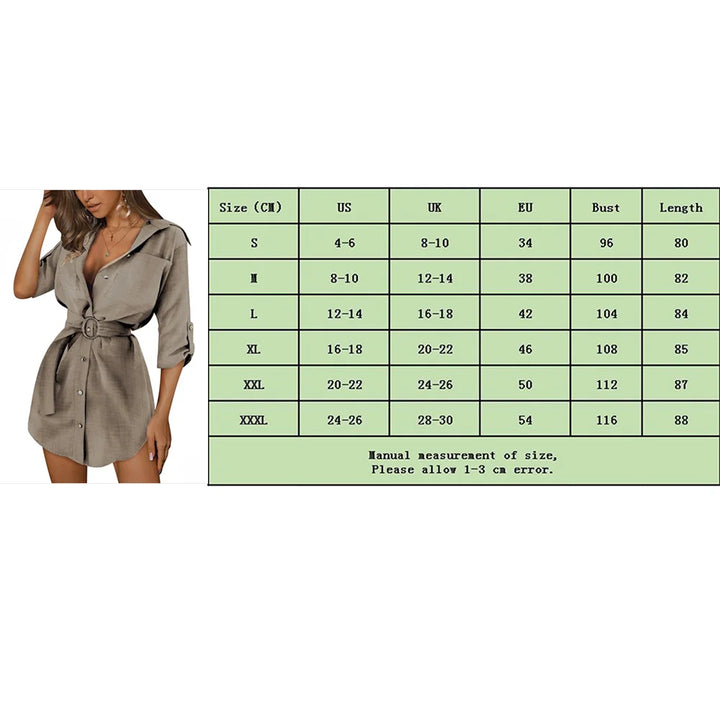 Casual Button Front 3/4 Sleeve Deep V-neck Mini Shirt Dresses