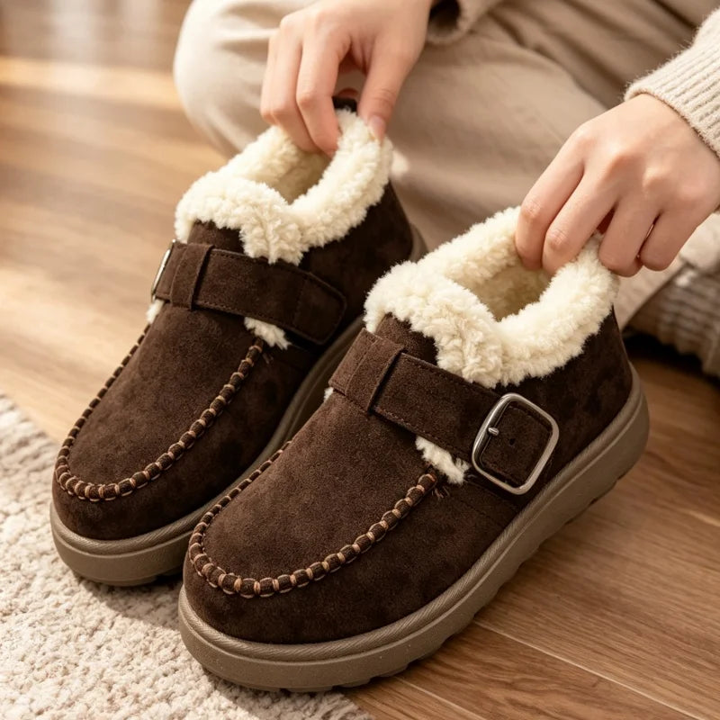 A pair of women's brown suede slip-on shoes with cream sherpa lining and decorative stitching, shown on a wooden floor with a person's hands adjusting them.
