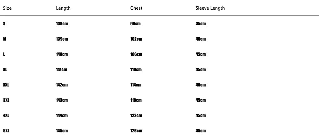 Size chart for clothing with measurements in centimeters