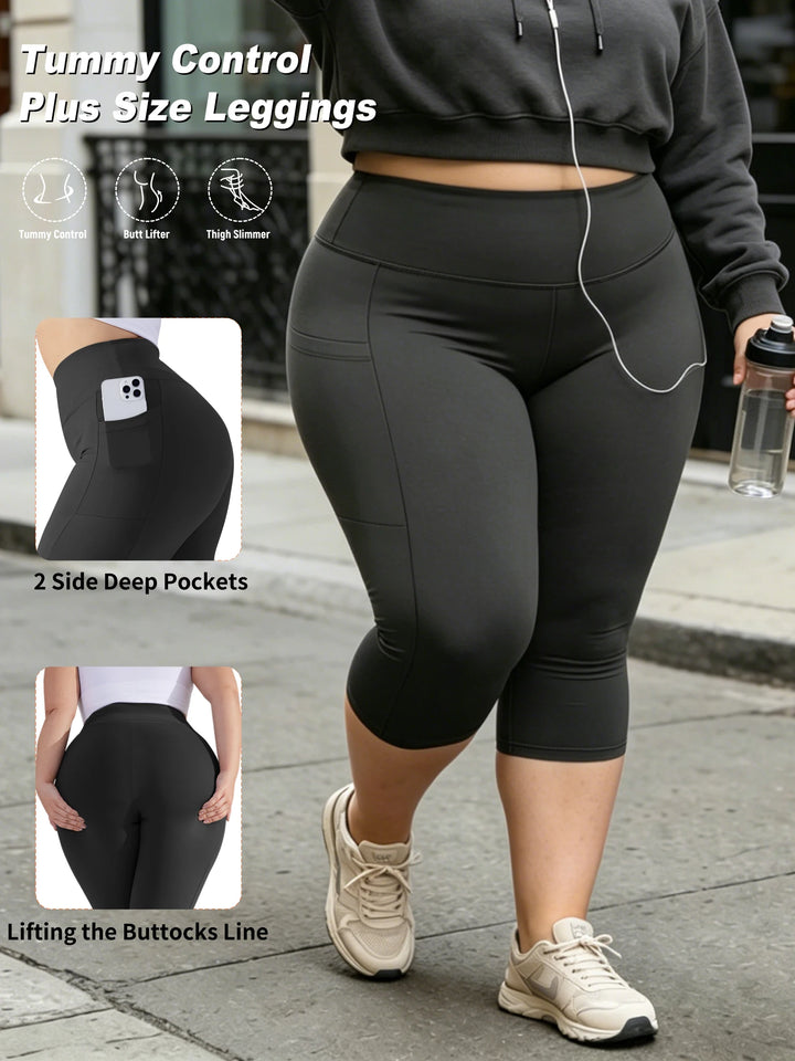 High-waist plus-size capri leggings with side pockets, dark gray