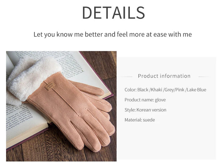 Suede-look glove with plush cuff and stitched wrist label