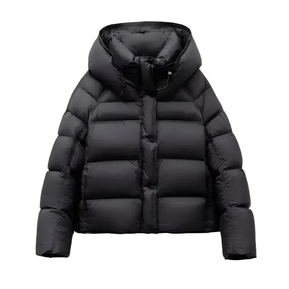 Black hooded puffer coat with cotton padding and front zip closure