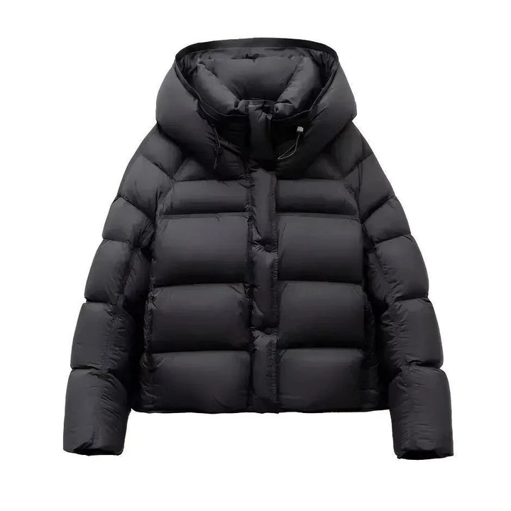 Black hooded puffer coat with cotton padding and front zip closure