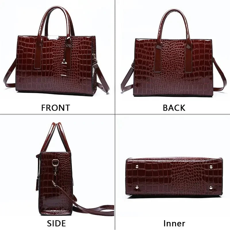 Crocodile-pattern leather tote handbag shown from front, back, side, and interior views.