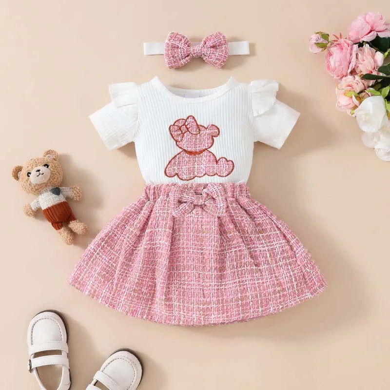 Short Sleeve Embroidered Bear Bow Romper Skirt with Headband - Gen U Us Products -  