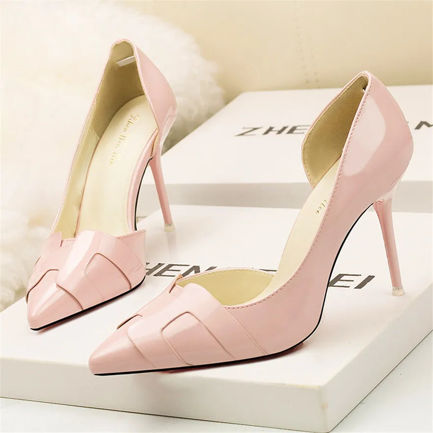 Side Cut-Outs Shallow Thin High Heels Patent Leather Shoes - Gen U Us Products