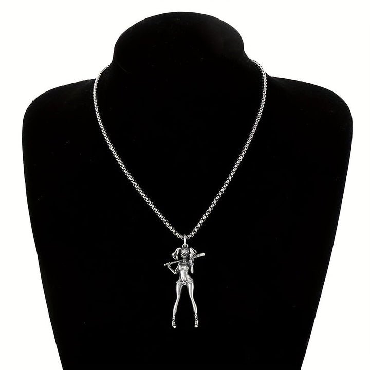 Silver Necklace with Female Playing Baseball Pendant 