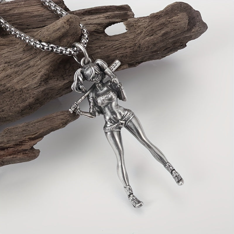 Silver Necklace with Female Playing Baseball Pendant 