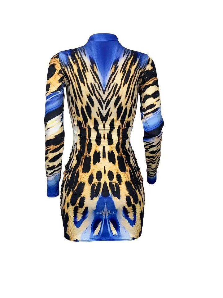 Sleek Sensational Leopard Print Long Sleeve Zip Up Bodycon Dresses 