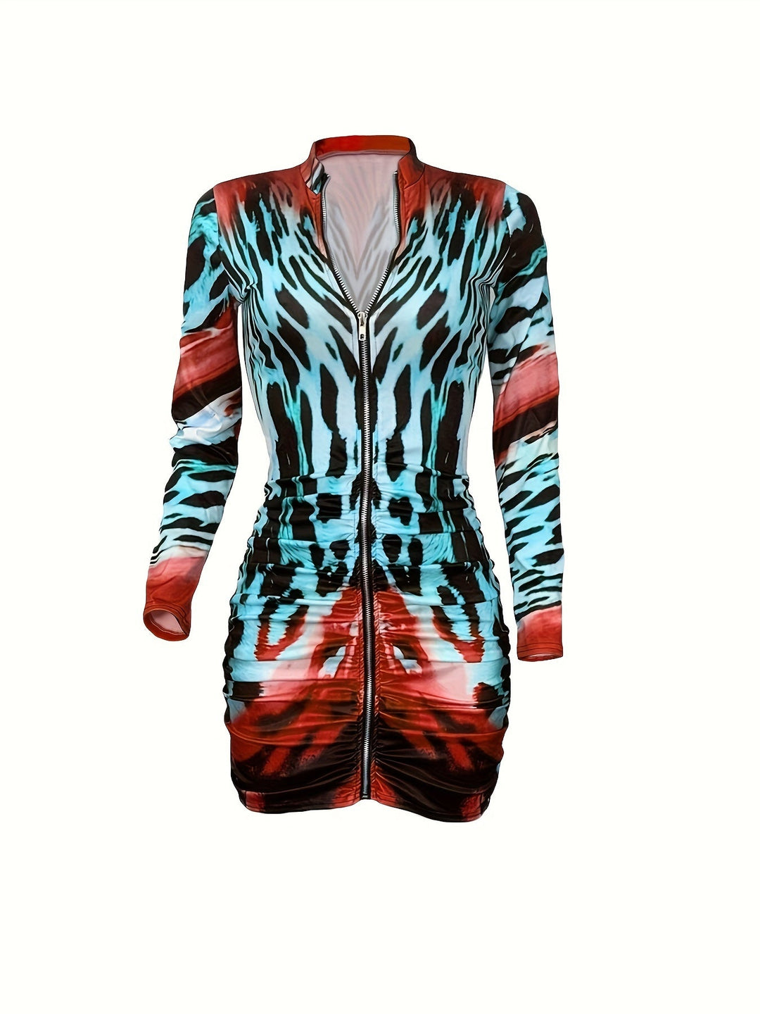 Sleek Sensational Leopard Print Long Sleeve Zip Up Bodycon Dresses 