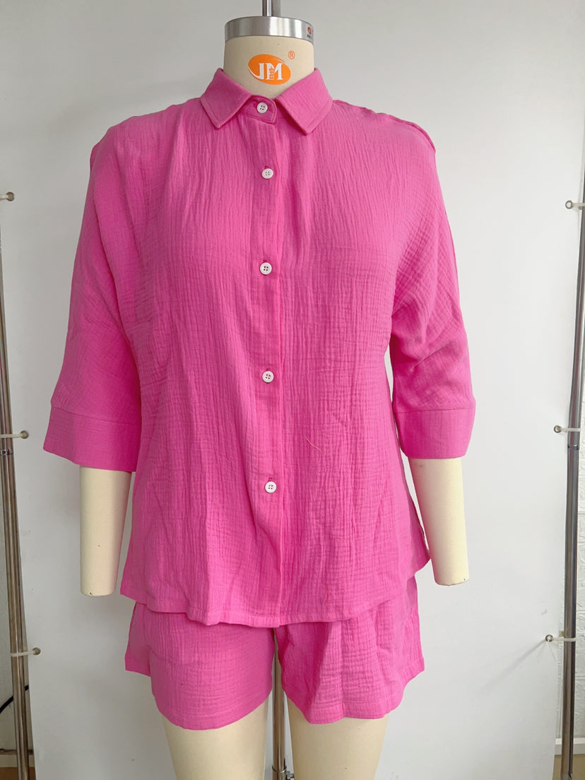 Soft Breathable Cotton Collared 3/4 Sleeve Shirt and Shorts 