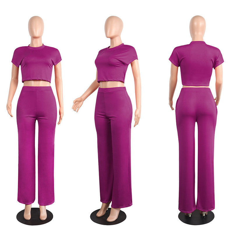 Soft Breathable Spandex Short Sleeve Crop Top and Wide Leg Pants 