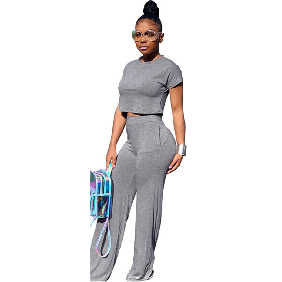Soft Breathable Spandex Short Sleeve Crop Top and Wide Leg Pants 