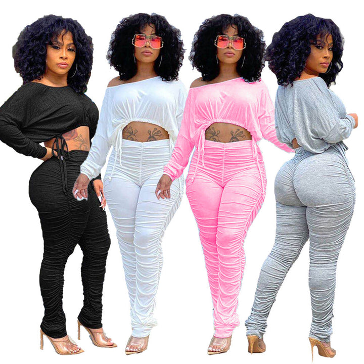 Soft Comfy Leisure Wear Crew Neck Top and Pants Sets 