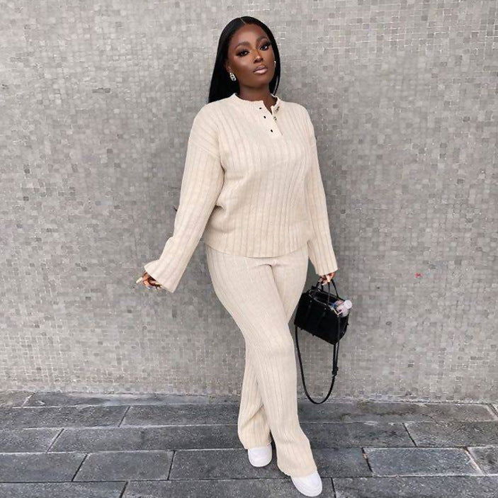 Beige knit button-front top with long sleeves and straight-leg pants set