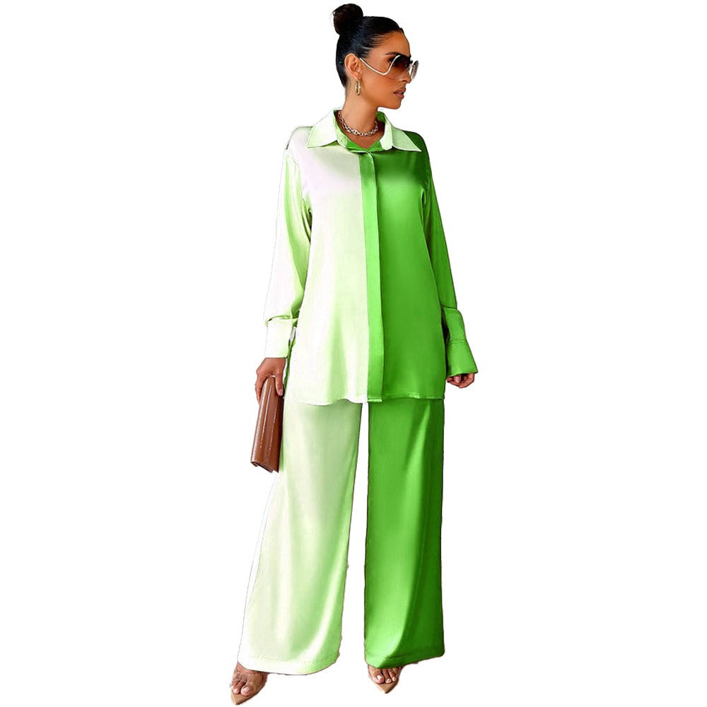 Sophisticated Satin Long Sleeves Panelled Shirt and Pants Suits - Gen U Us Products