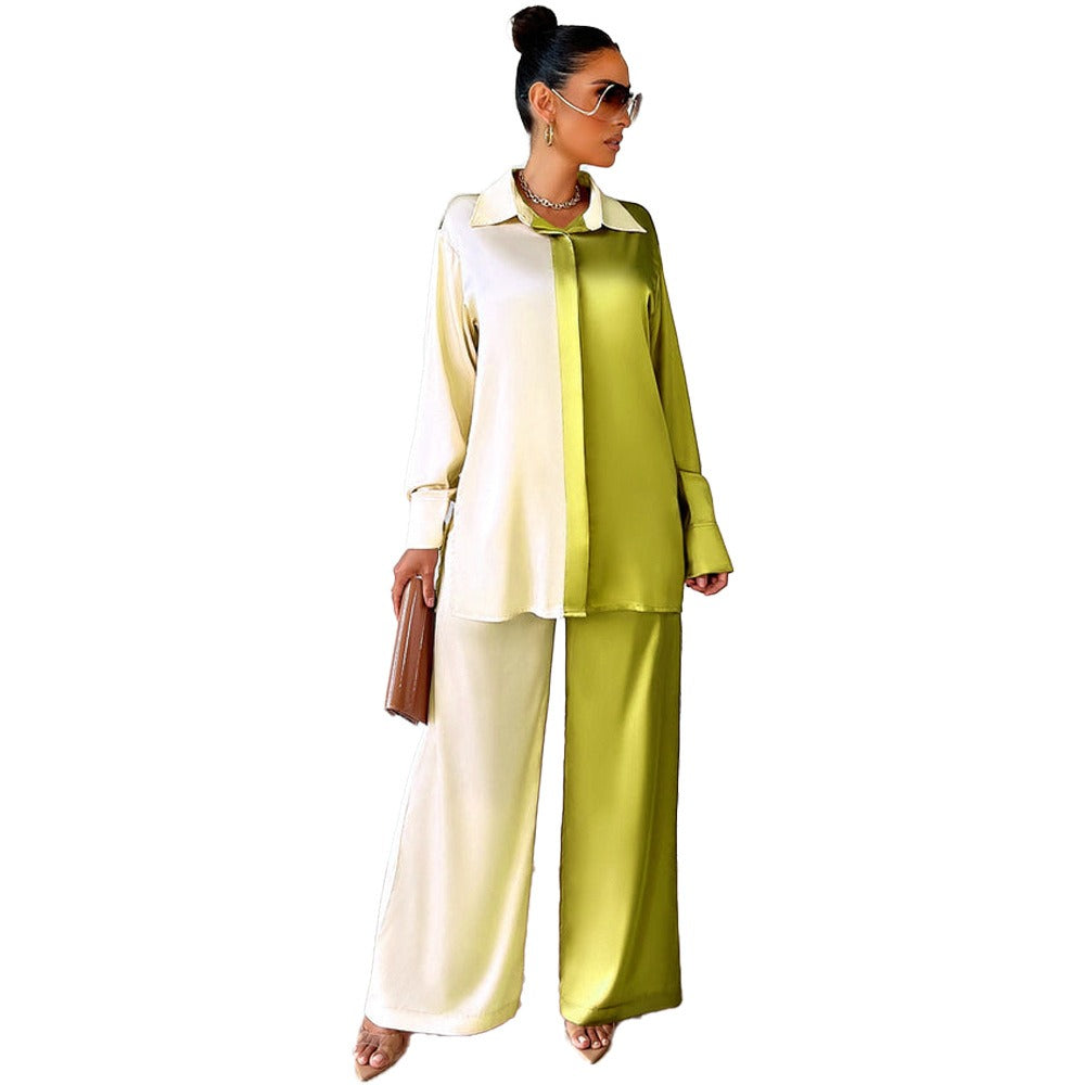 Sophisticated Satin Long Sleeves Panelled Shirt and Pants Suits - Gen U Us Products