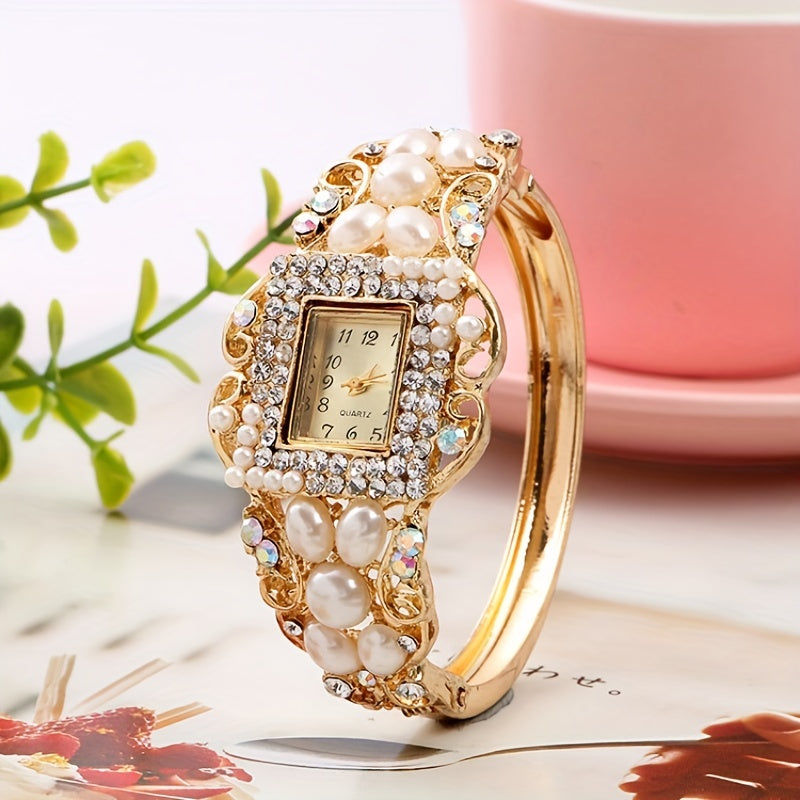 Square Faux Pearls & Rhinestones Quartz Bracelet Watch 