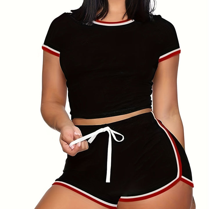 Steamy Contrast Trim Short Sleeves Tee and Drawstring Mini Shorts Sets - Gen U Us Products
