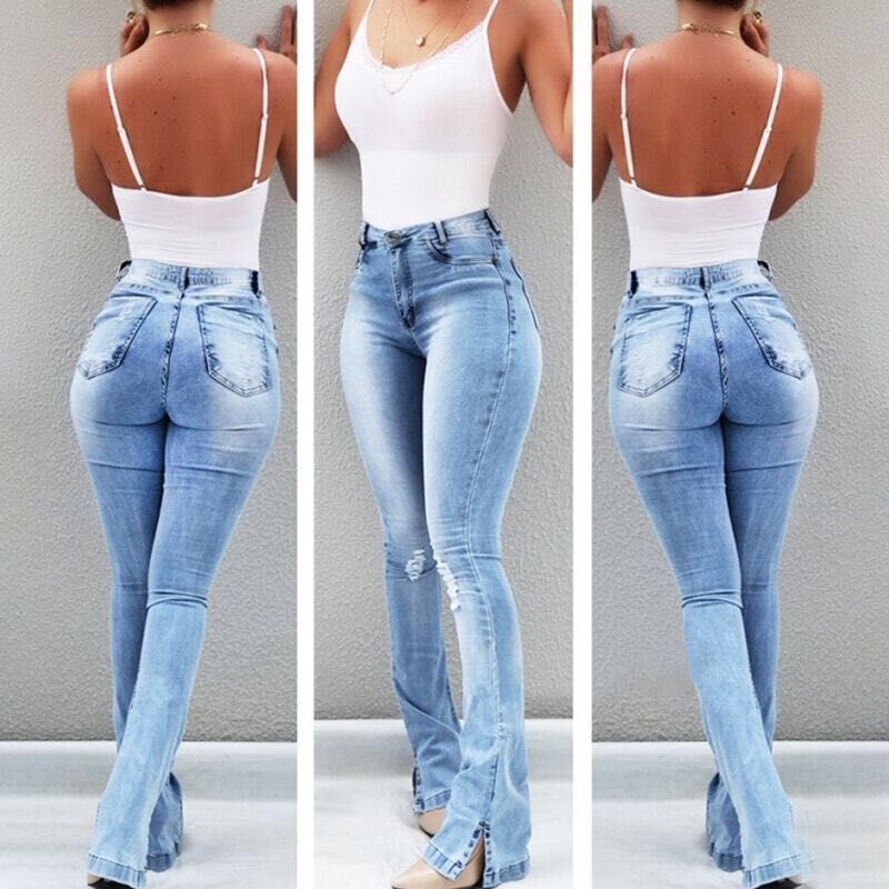 Stretchy High Waist Fit Flare Bottom Denim Jeans in Plus Sizes 