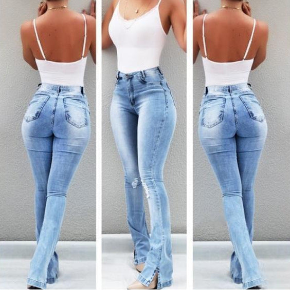 Stretchy High Waist Fit Flare Bottom Denim Jeans in Plus Sizes 