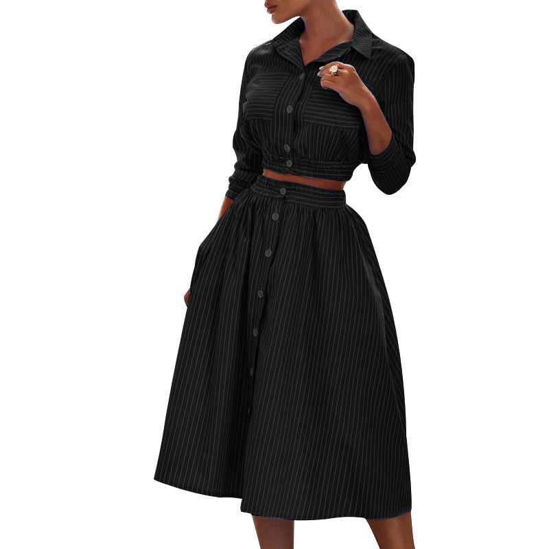 Stripe Collared Long Sleeves Crop Shirt and Skirt 