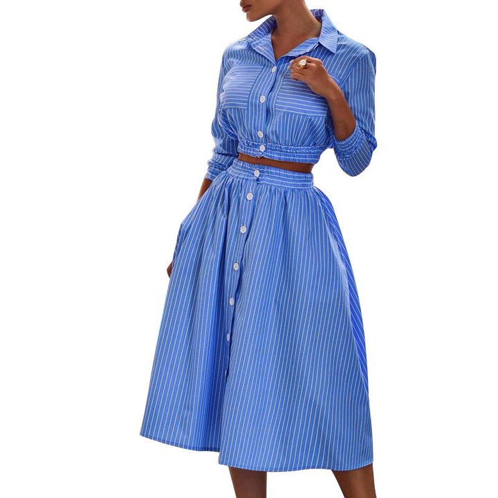 Stripe Collared Long Sleeves Crop Shirt and Skirt - Gen U Us Products