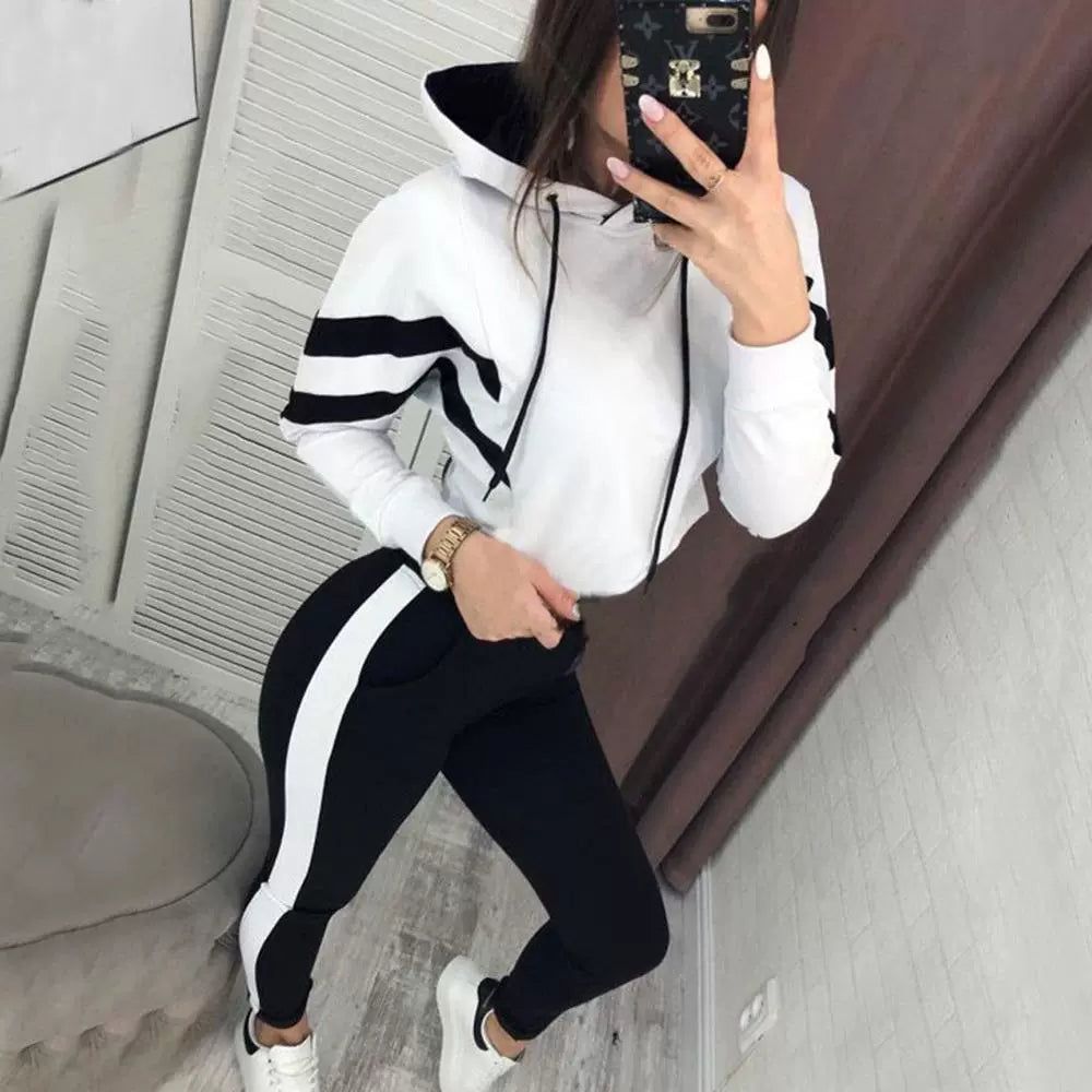 Striped Crop Navel Hoodie and Snug-fit Pants Tracksuits Sets - Gen U Us Products