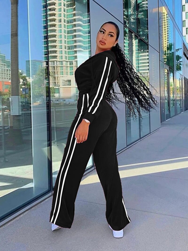 Striped Hooded Crop Velvet Jacket and Pants Tracksuits - Gen U Us Products