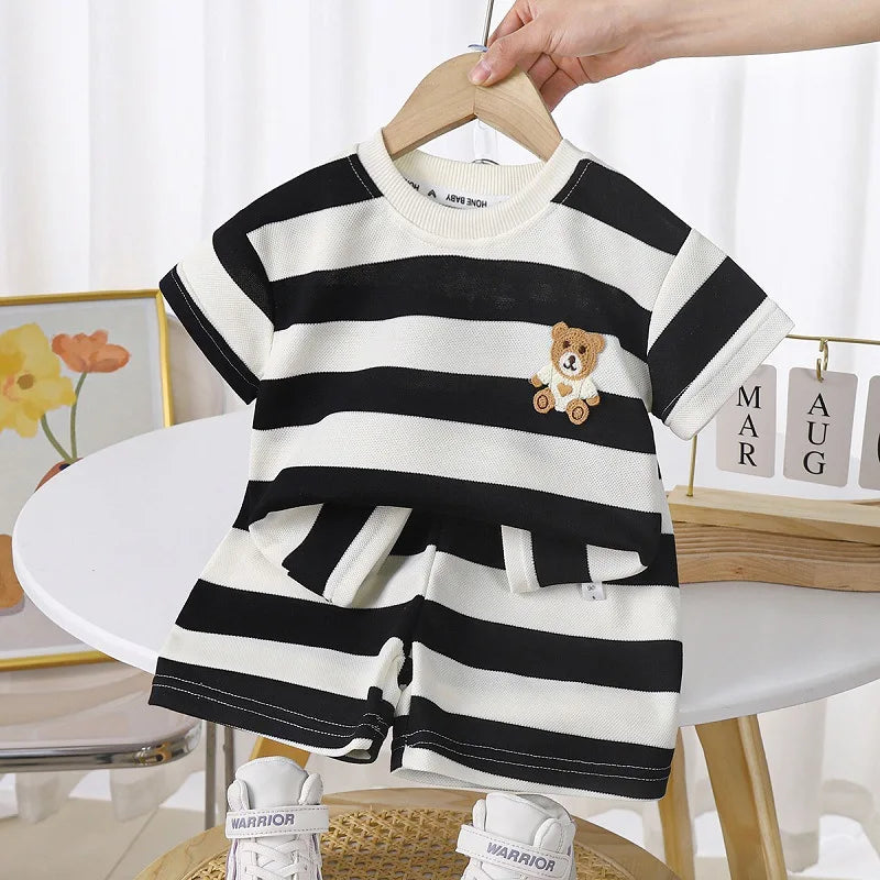 Striped Short-sleeved Bear Cotton T-shirt and Shorts - Gen U Us Products