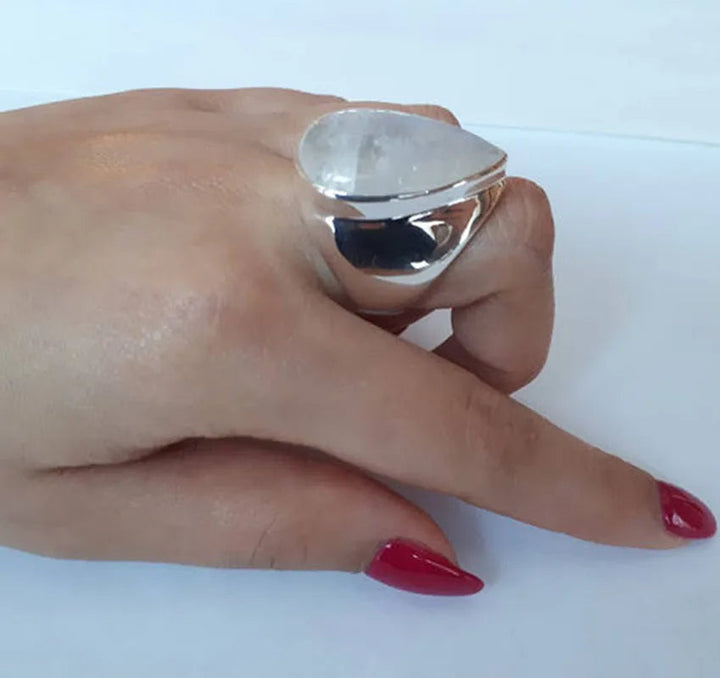 Stunning Big Egg Shape Stone Sterling Silver Ring 