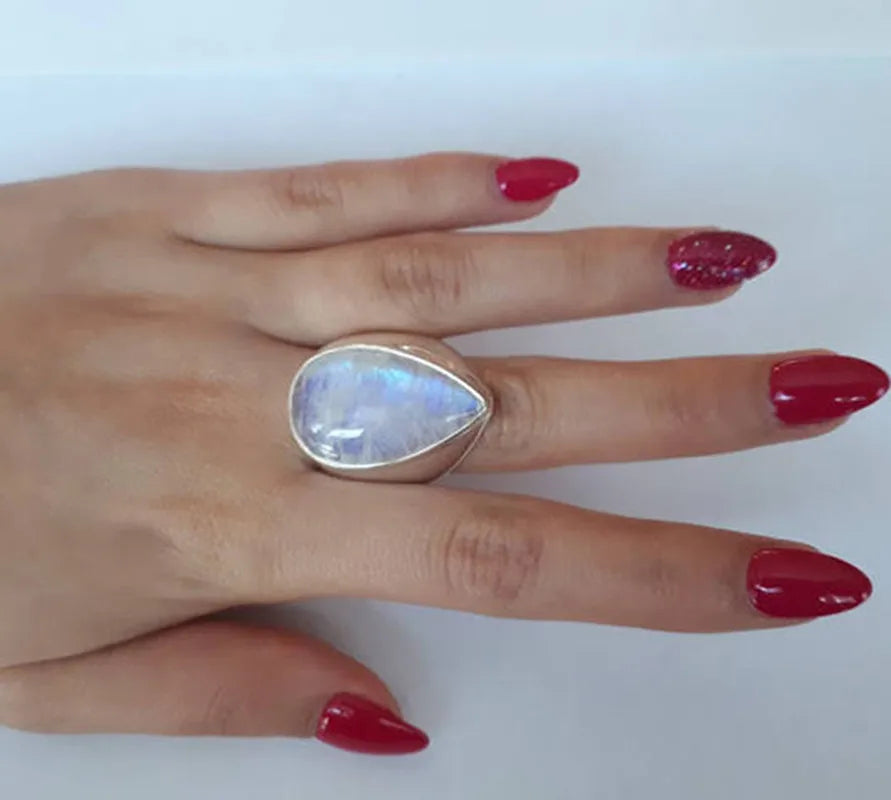 Stunning Big Egg Shape Stone Sterling Silver Ring 