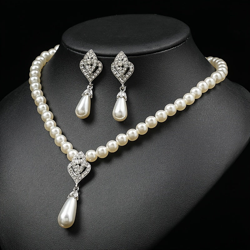 Stunning Pearl Rhinestone Necklace with Earrings Jewelry Set 