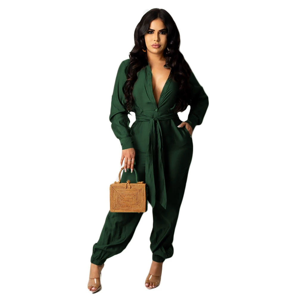 Stunning Long Sleeve Deep V-Neck Loose Fit Office Ladies Jumpsuits - Gen U Us Products