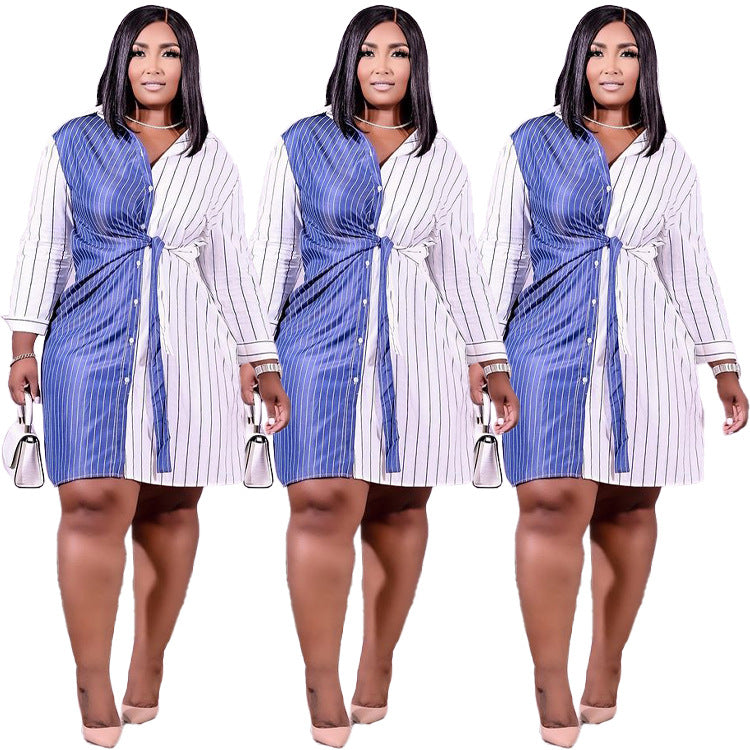 Stunning Plus Size Women Long Sleeve Knee Length Stripe Shirt Dresses - Gen U Us Products