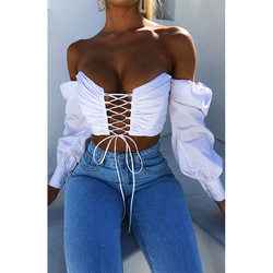 Style Worthy Everyday Wear Bareback Lace up Off Shoulder Tube Top Shirts 