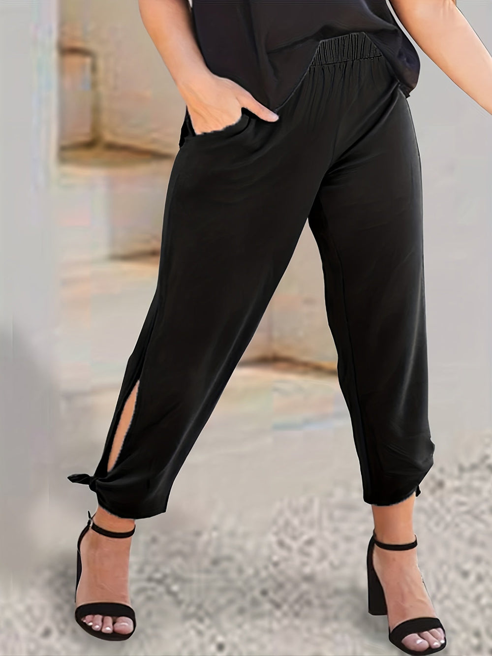 Stylish Cut Out Tie Side Tapered Leg Pocket Pants 