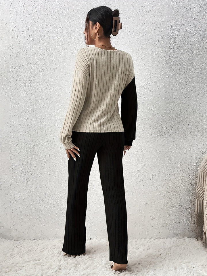 Stylish Eye-catching Long Sleeve Color Block Ribbed Top & Pants 