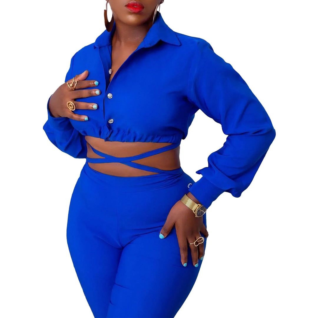 Stylish Plus Size Office Lady Snug-fit Crop Top and Flared Pants Set 