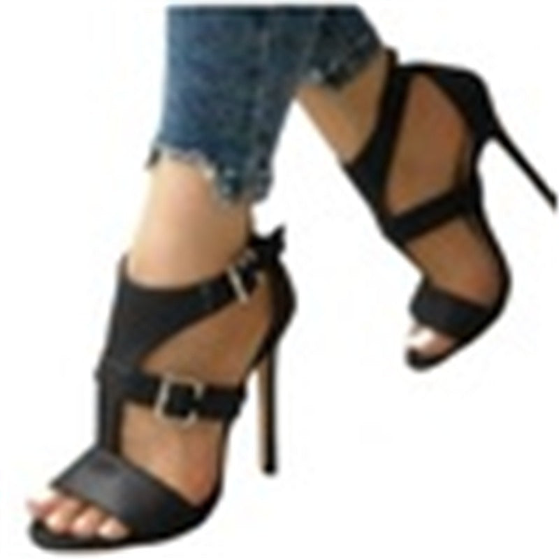 Stylish PU Leather Bold Buckle Detail Thick High Heels Sandals - Gen U Us Products