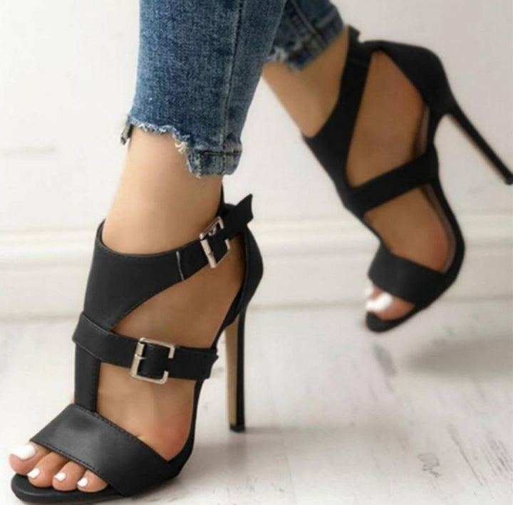 Stylish PU Leather Bold Buckle Detail Thick High Heels Sandals - Gen U Us Products