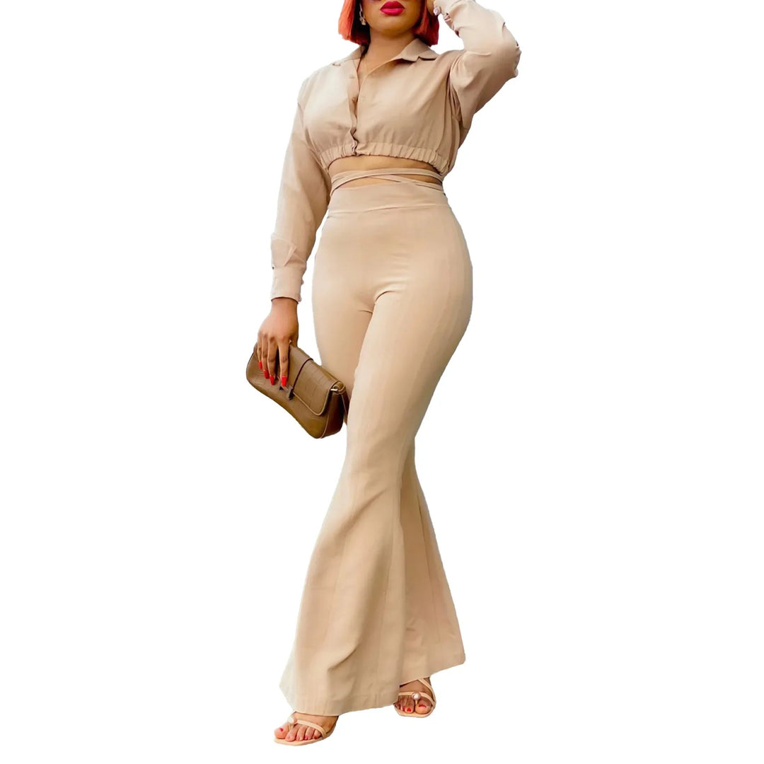 Stylish Plus Size Office Lady Snug-fit Crop Top and Flared Pants Set - Gen U Us Products