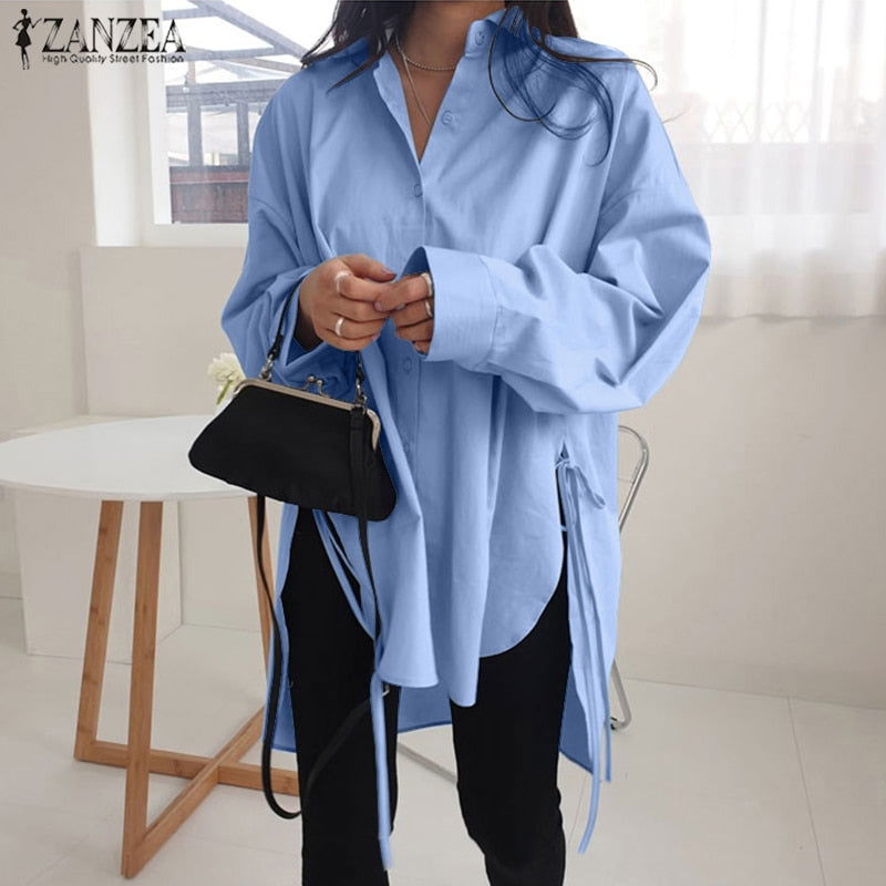 Light blue full-sleeve button shirt, turn-down collar, asymmetrical hem