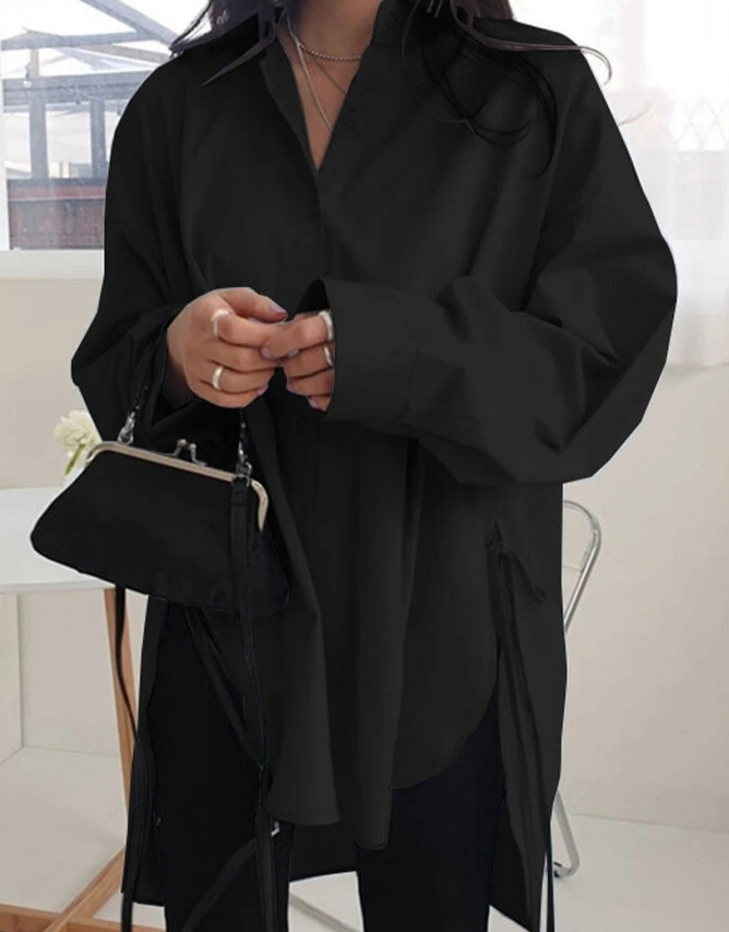 Black full-sleeve button shirt with turn-down collar and asymmetrical cut